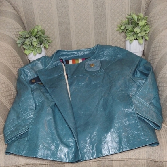 NEW Coach Cropped Distressed Leather Jacket in Teal Green - Picture 8 of 16